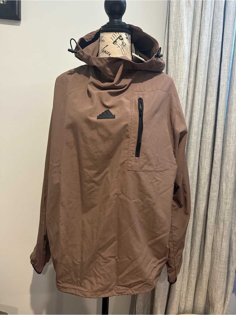 adidas Men's Brown Hooded Windbreaker with Zip Chest Pocket